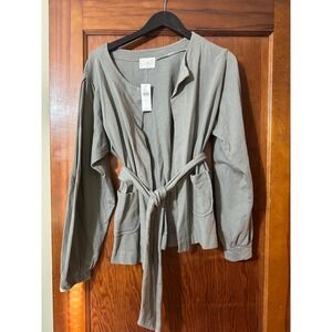 t.la Women's Cardigan Top, Moss Green, Tie Waist, Long Sleeve, Size L